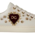 White Leather Gold Red Heart Sneakers Shoes